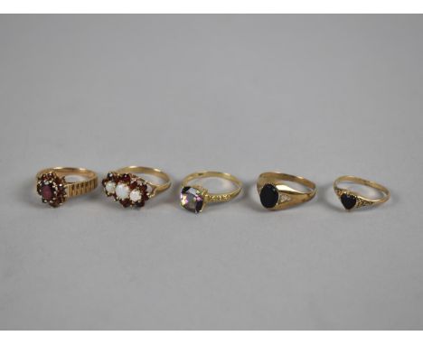 A Collection of Five 9ct Gold Jewelled Rings to include Garnet and Opal, Onyx, Mystic Topaz with Diamond Accent Etc, 10gms To