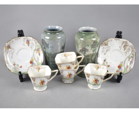 A Collection of Ceramics to Comprise Part Hand Painted Art Deco Flosmaron Tea Set to Comprise Four Cups and Four Saucers Toge