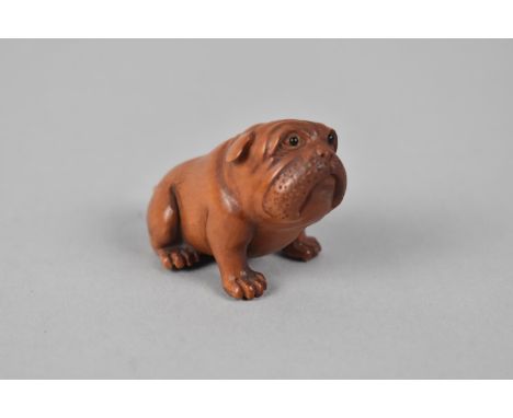A Modern Carved Wooden Netsuke, Seated Bulldog, Signed 