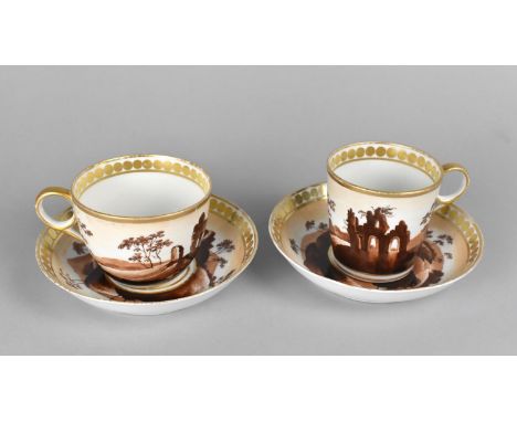 Two Early 19th Century Porcelain Chamberlains Worcester Hand Painted Cups and Saucers, Decorated with Landscape Ruins with Gi