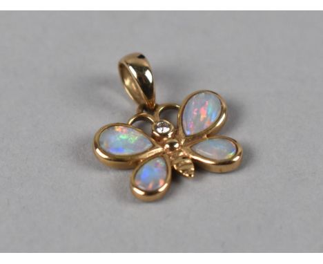 A 9ct Gold, Diamond and Opal Butterfly Pendant, 15.9mm Wide, 1.3gms 