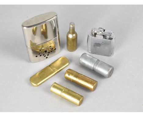 A Collection of Various Vintage Lighters to Include Cylindrical Brass Cased Examples, Novelty Bottle Lighter etc (We can not 