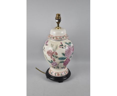 An Oriental Ceramic Vase Shaped Table Lamp Base, Decorated with Chrysanthemums and Flowers, 40cm high Overall, No Shade 