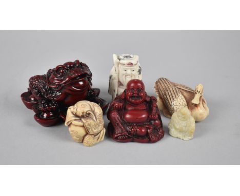 A Collection of Resin Oriental Items to Comprise Bone Effect Netsuke, Swan, Sleeping Elder etc 