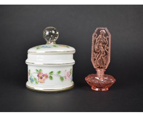 An Art Deco Frosted Pink Glass Perfume Bottle with Squat Cut Belly and Large Stopper Finial Having Intaglio Cut Decoration De