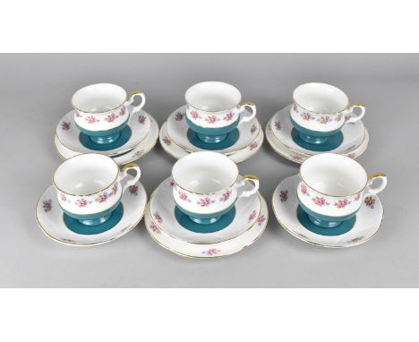 A Crown Staffordshire Floral Garland Trim and Blue Inset Decorated Tea Set to Comprise Six Cups, Six Saucers and Four Side Pl