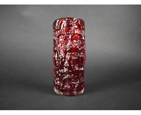 A Whitefriars Ruby Red Glass Bark Vase by Geoffrey Baxter, 19cm high 