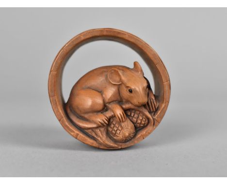 A Carved Wooden Netsuke in the Form of Mouse with Corn in Barrel 
