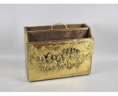 A Pressed Brass Two Division Magazine Rack Depicting Coaching Scene, 37cms Wide 
