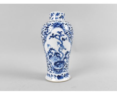 Chinese Qing Dynasty Porcelain Blue and White Vase Decorated with Bird Cartouche on Scrolled Foliage Ground, 19th Century, Fo