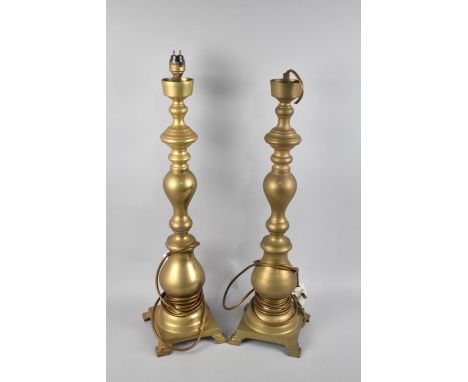 A Pair of Tall Brass Table Lamp Bases, One Requiring new Light Fittings and No Shades, 60cms High
