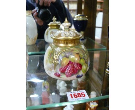 A Royal Worcester pot-pourri vase and pierced cover, circa 1936, the quatrelobe body painted with berries, by Moseley, 11cm h