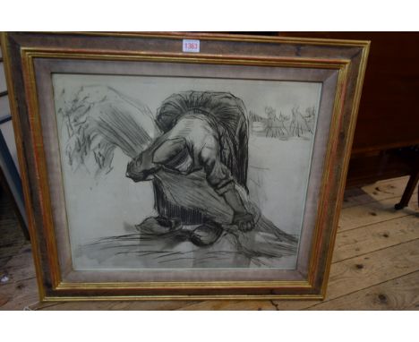 After Vincent Van Gogh, peasant woman picking up a sheaf of grain, monochrome print, I.44 x 53cm. 
