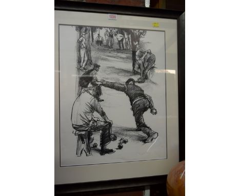 R Geller, gentleman playing petanque, signed in pencil and numbered 55/210, monochrome print, 49 x 39cm. 
