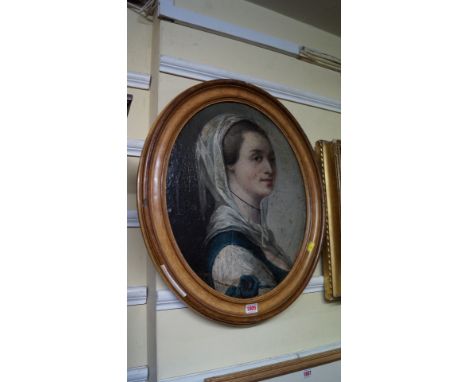French School, late 18th/early 19th century, head and shoulders portrait of an elegant lady, oil on canvas, 49 x 39cm oval. 