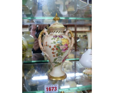 A Royal Worcester blush ivory twin handled pot-pourri vase and cover, circa 1901, with further internal cover, painted with f