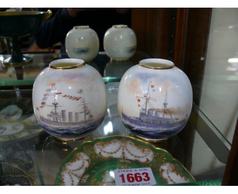 A pair of Royal Worcester ovoid vases, circa 1912, each painted with a World War I battleship, one signed F Rushton, 7.5cm hi