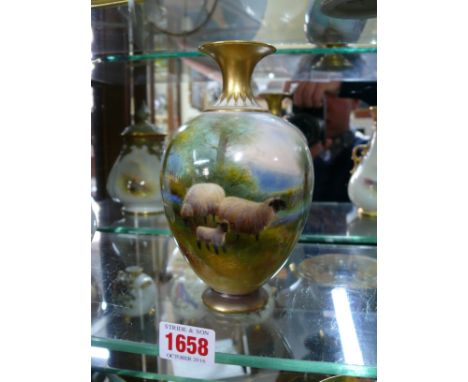 A Royal Worcester vase, circa 1928, finely painted with a group of sheep by Harry Davis, 16.5cm high.  Condition Report: Very