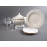 A Victorian glass goblet with spiral stem, four etched tumblers, other table glass, a creamware