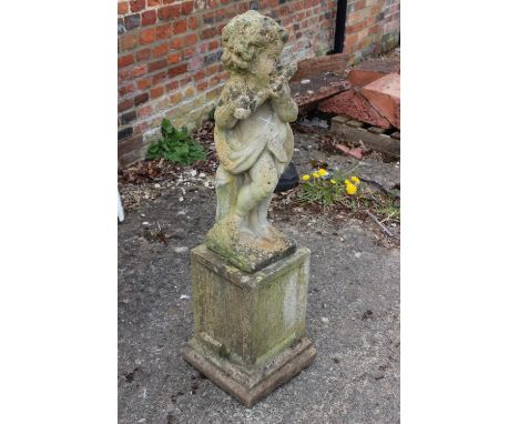 A cast stone figure of a putto playing a flute, on square base, 38" high 