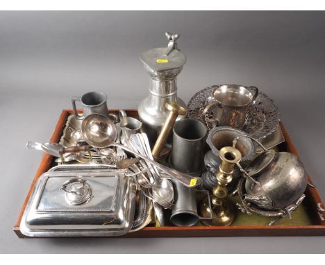 Two silver plated entree dishes and covers, a pierced bread basket, a quantity of plated flatware, a pewter tappit hen and ot