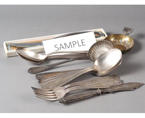 A French silver plated part table service and other flatware 