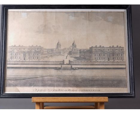 An early 18th century engraving, "A perspective view of the Royal Hospital at Greenwich", in ebonised frame and four other 18