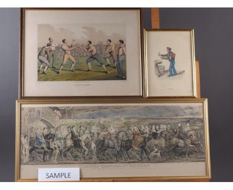 A 19th century coloured print, "A Prize Fight", in Hogarth frame, another similar print, "Chaucers Canterbury Pilgrims", in g