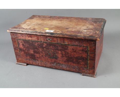 A 19th century Swiss musical box, playing ten tunes with three exposed bells, in painted case, 18 1/2" wide (for restoration,