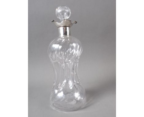 A Victorian blown glass "glug glug" decanter with silver collar, 10" high 