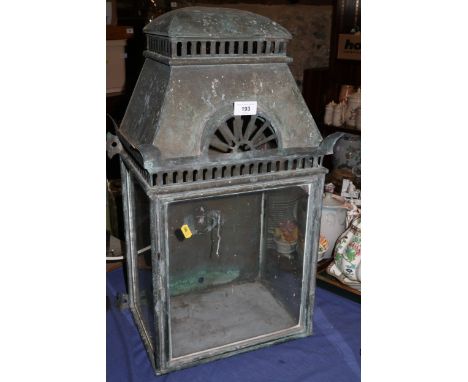 A 19th century brass and glass fronted lantern case with pierced decoration (one glass panel cracked)&nbsp;25"h x 13 1/2"w x 