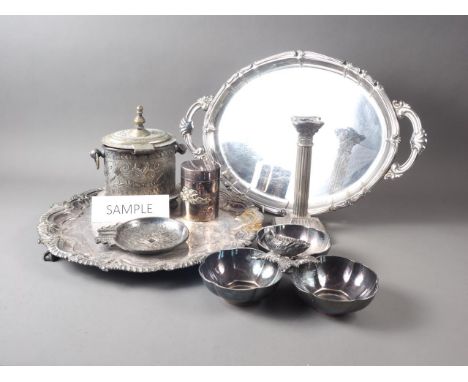 A silver plated engraved biscuit box, a plated and engraved salver, two plated trays and other items of plate 