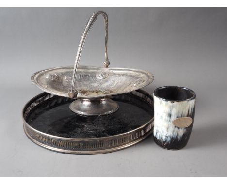 A horn beaker with silver cartouche, 3 3/4" high, a silver plated gallery tray, 12" dia, and a plated basket 
