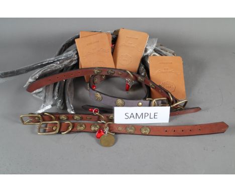 A quantity of leather and brass studded dog collars with signs of the zodiac, four pet passports, a Walter Hagen Model 8 iron