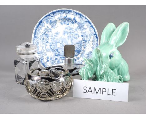 A Copeland Spode blue and white plate with landscape decoration, 9 1/2" dia, a model Sylvac rabbit, another similar model, a 