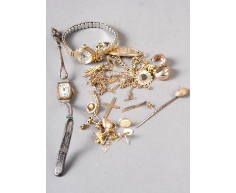 Two lady's 9ct gold cased wristwatches, a Victorian stick pin with yellow metal top, a 9ct gold "Medic Alert" bracelet, and a