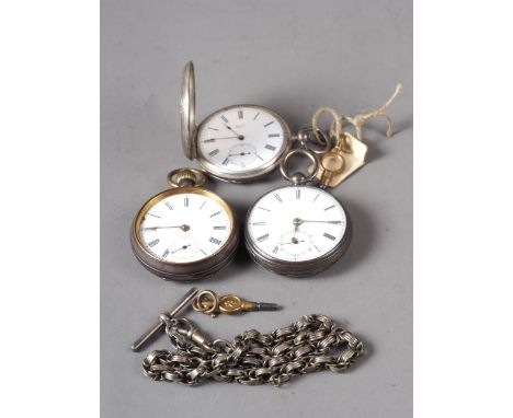 Two silver cased open faced pocket watches, a silver cased hunter pocket watch and a watch chain 