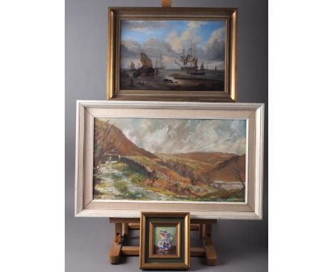 R M Tomlinson: oil on canvas, landscape hillside scene, 9 1/4" x 17", in white painted frame, an overpainted print, ships at 
