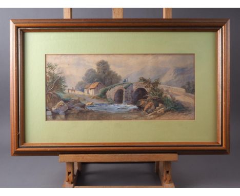 English School: a 19th century watercolour, figures on a bridge, 7" x 15 1/2", in wooden strip frame, a similar print, in gil