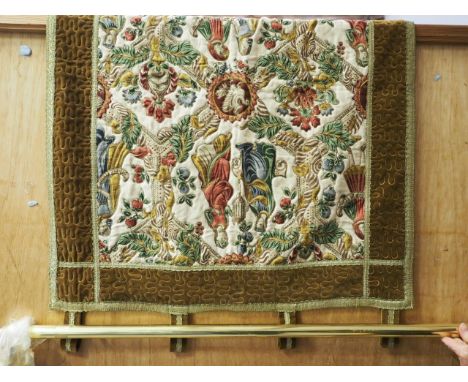 A "tapestry" panel with Medieval figures and a brass pole, panel 34" x 28",&nbsp;J E McH, 1939: a plaster figure of a dancer,
