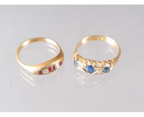 An 18ct gold, ruby and diamond five-stone ring, size N, and a similar 18ct gold, sapphire and diamond ring, size N/O, 5.6g gr