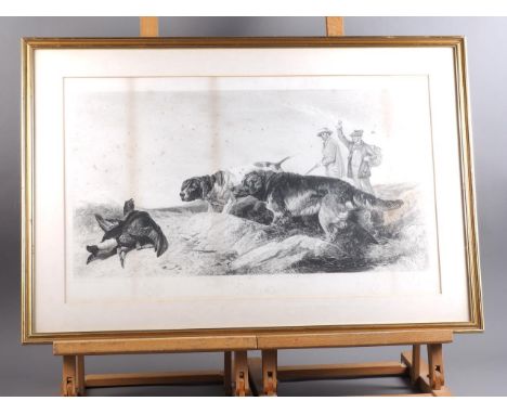 A 19th century engraving, gundogs and sportsmen, a pair of etchings, "Harlem" Dutch street scenes, in strip frames, a colour 