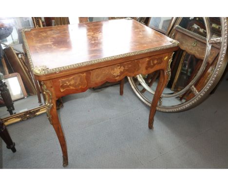 A Louis XVI design mahogany and marquetry work fold-over top card table with brass mounts, fitted one drawer, 32" wide x 24" 