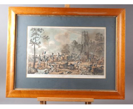 An early 19th century hand-coloured engraving, "The total defeat and flight of the French Army", in maple frame 