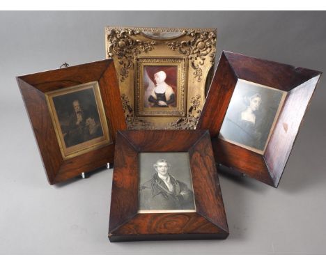 A pair of 19th century prints, portrait busts of a man and a woman, in rosewood strip frames, another Duke of Wellington, and