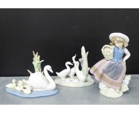 A Lladro porcelain figure of a 'Girl with basket of flowers', together with a Lladro figure of 'Swans' and a NAO group, talle