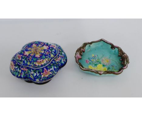 A 19th century canton enamel box and cover of lobbed form, 10cm wide, together with an enamel heart shaped dish, (2) 