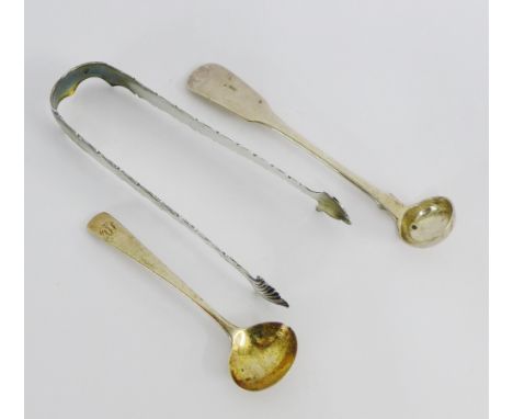 18th century silver sugar tongs with makers mark only, silver cream ladle with hallmark for Glasgow 1835 and a George III sil