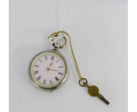 A lady's Continental silver cased fob watch, the pink enamel dial with Roman numerals, together with a carved oak nightstand 
