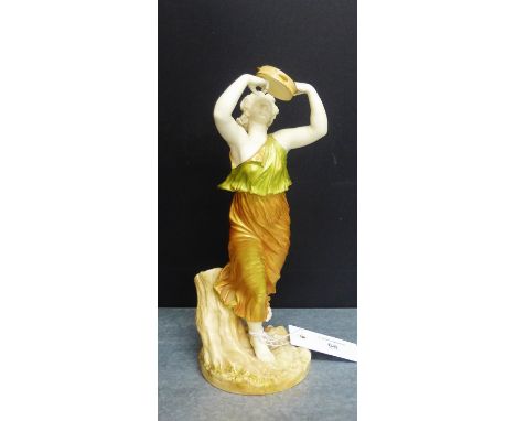 A Royal Worcester blush ivory figure of a female with a tambourine on a naturalistic base with gilt ivy leaves, green Royal W